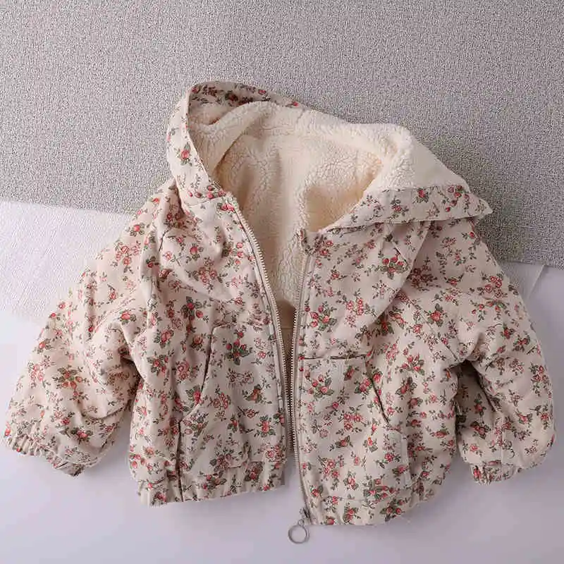 Children's Winter Velvet Cotton Coat New Baby Girl's Sweet Flower Hooded Jackets Kids Thickened Warm Loose Outerwear New