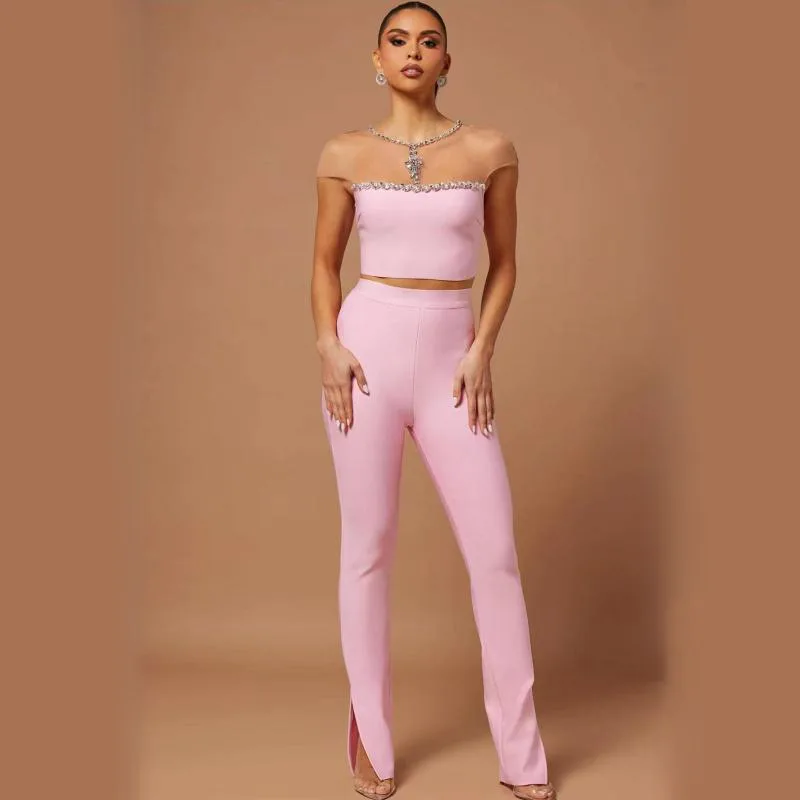 

Aliexpress Amazon New Rhinestone Top+Skinny Pants Fashion Casual Sweet Pink Midriff Outfit Bandage Suit