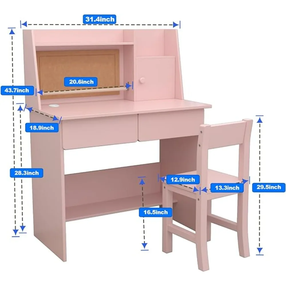Kids Desk and Chair Set , Childrens Computer Desk with Drawers and Storage Shelf, Kids Study Table with Charging Station 5