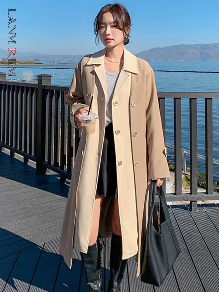 

LANMREM Contrast Color Spliced Windbreaker Women Fashion Lapel Belt Triple Breasted Mid Length Trench Coat Autumn New 2AA2031