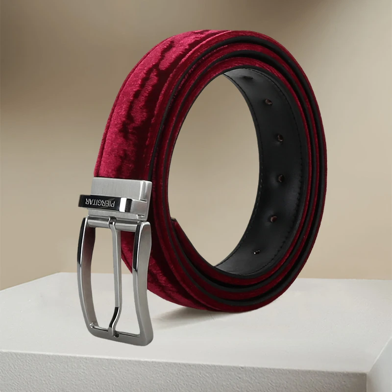 Piergitar 2023 Classic Burgundy Velvet Men's Belt With Stainless
