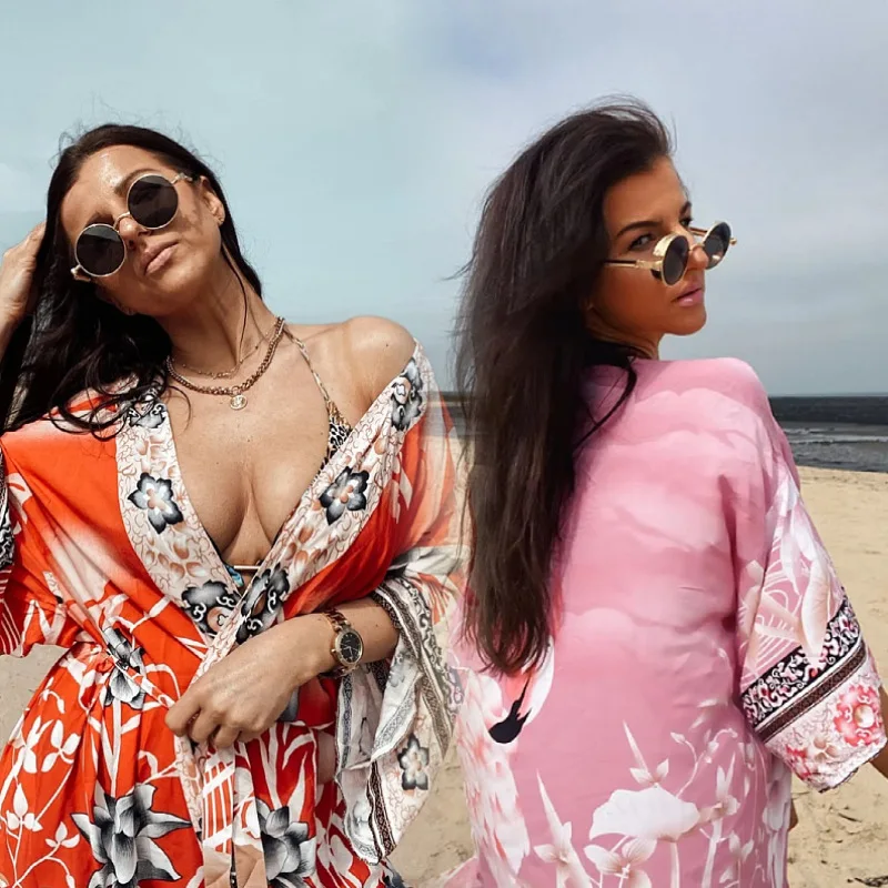 Summer Blouse Quick Dry Crane Flower Holiday Kimono Cardigan Beach Sun Protection Shirt Bikini Robe 2021 blouse lady s new sunscreen long cardigan v neck drawstring holiday dress printed beach skirt women s shirt bikini