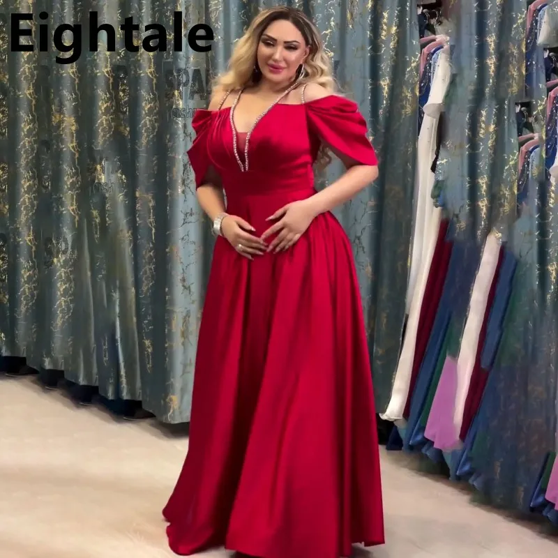 

Eightale 2024 Red A Line Satin Spaghetti Straps Evening Dress For Wedding Party Formal Arabic Prom Dress Dubai Party Gown