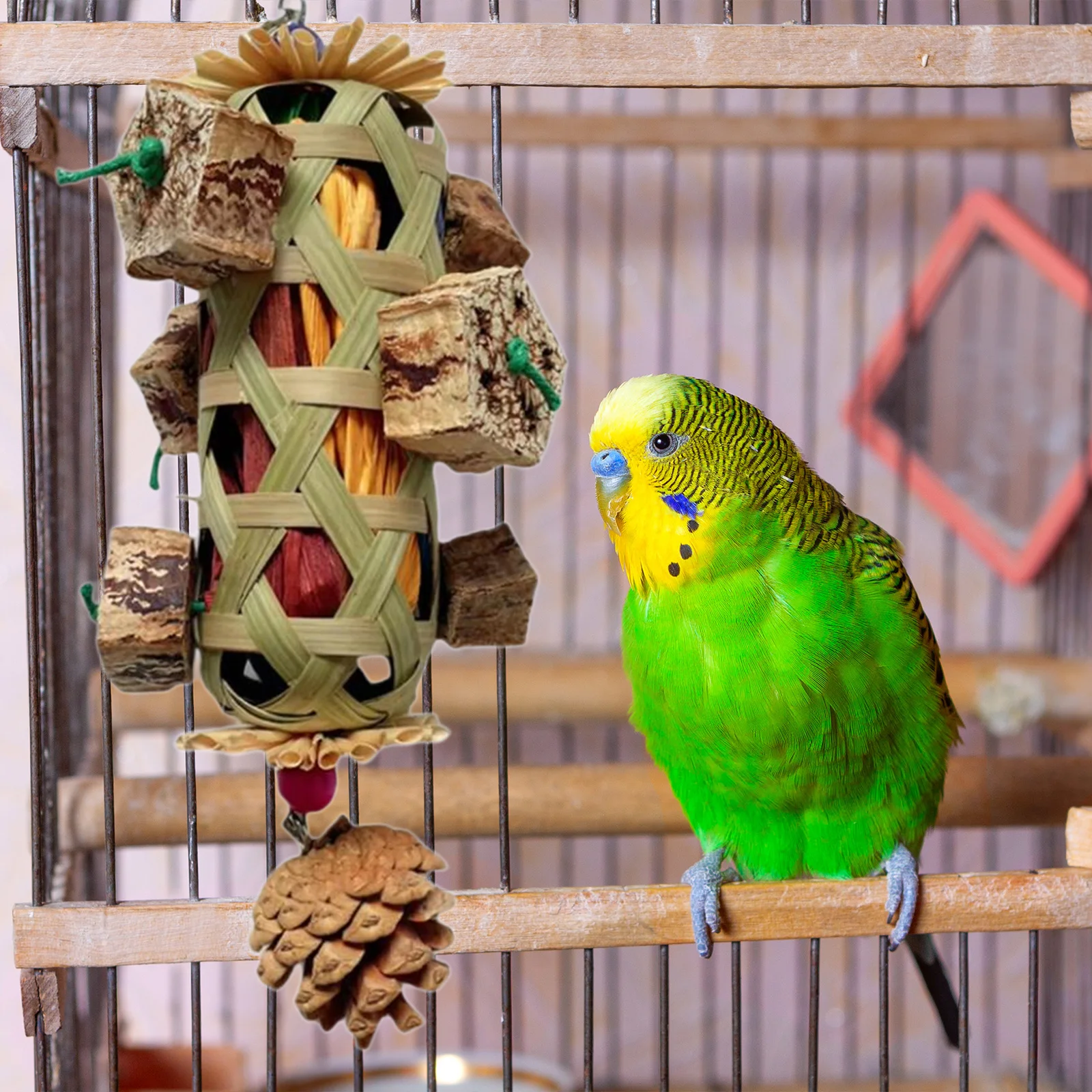 Parrot Hanging Bite Wooden Colorful Shredding Crinkles Parrot Chew Toys Natural Foraging Sola For Conures Cockatiels Parakeets 3
