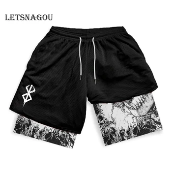 Men's Compression Shorts Anime Print Double Layer 2-in-1 Performance Shorts Breathable Quick-Drying Elastic Workout Shorts