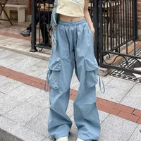 SweatPants Women Vintage Cargo Pants Fashion Elastic Waist Retro Oversized Solid Wide Leg Pant Casual Streetwear Baggy Trousers - Image 2