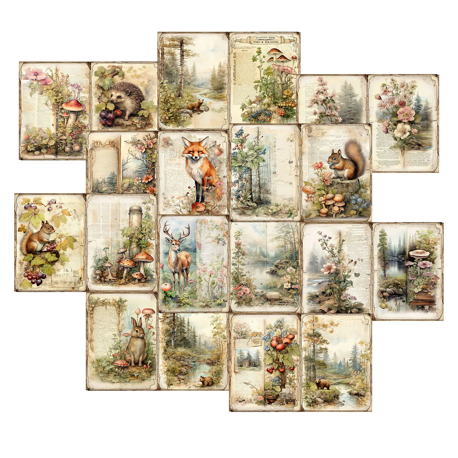레트로 숲 풍경 여우 고슴도치 토끼 학생 문구, 빈티지 그런지 저널, 계획 스크랩북, A5 사이즈, 10 매