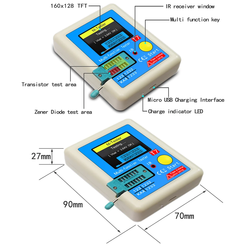 LCR-TC1 LCR-T7 트랜지스터 테스터 멀티미터 다이오드 트라이오드 MOS/PNP/NPN 커패시터 저항 트랜지스터용 컬러풀 디스플레이 TFT