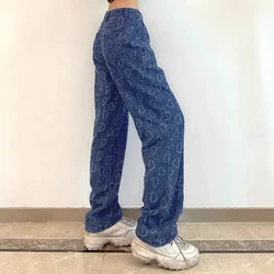 Outono moda feminina jeans y2k cintura alta streetwear impressão denim calças retas mãe pant namorados vintage roupas casuais