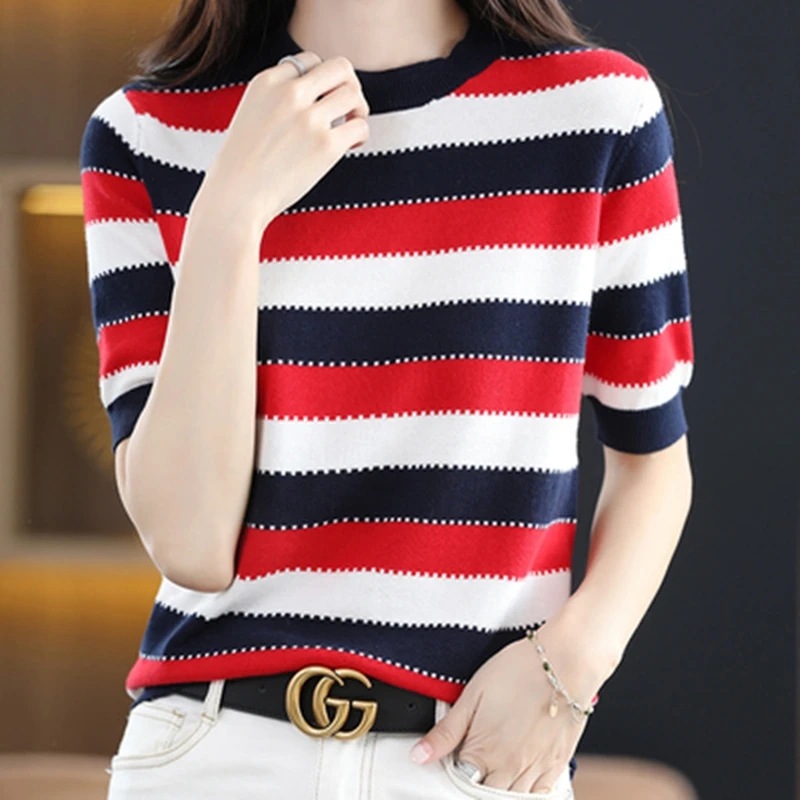 Cotton T-shirt Women's Clothing Top Summer Thin Knitted Stripe Tank Top Fashion Korean Contrast Short Sleeve O-Neck Pullover Tee