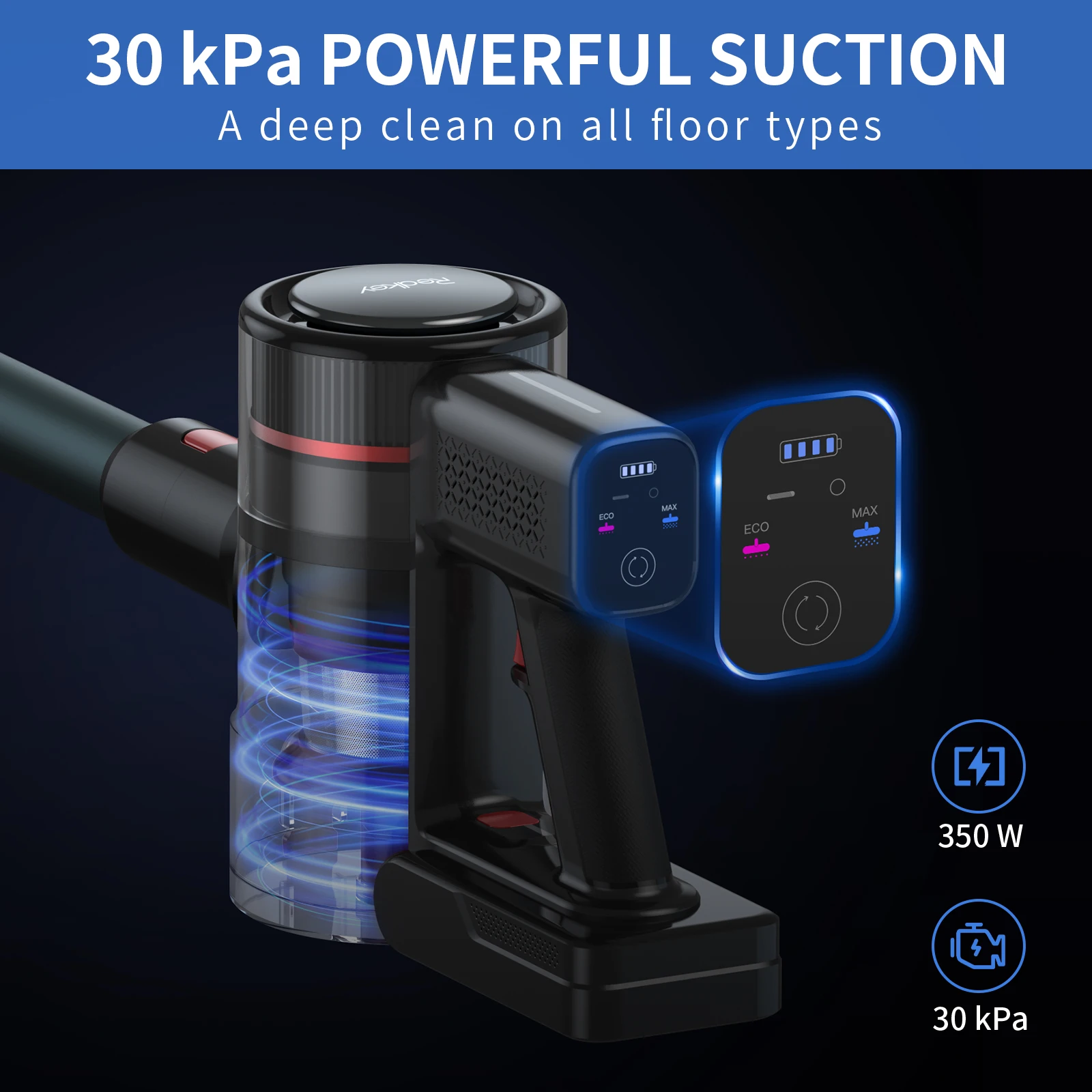 Redkey P9 bezprzewodowy odkurzacz 30Kpa, 8 W 1 bezprzewodowy odkurzacz 350W, podwójne filtry HEPA, odłączana bateria, wyświetlacz LED