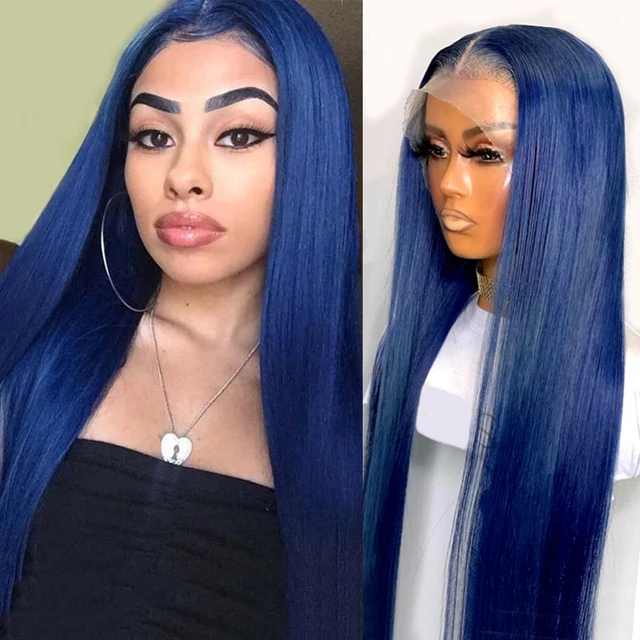 Usmei Dark Blue Straight Lace Front Wig HD Silky Straight Synthetic Lace Wigs Heat Resistant Fiber