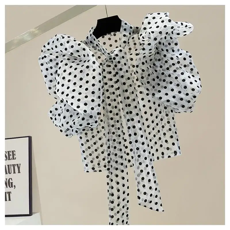 

Fashion Women Polka dot Blouses Pleated three-dimensional Short Sleeve Streamer Shirts Female Sexy See Throug Top Summer Cloth
