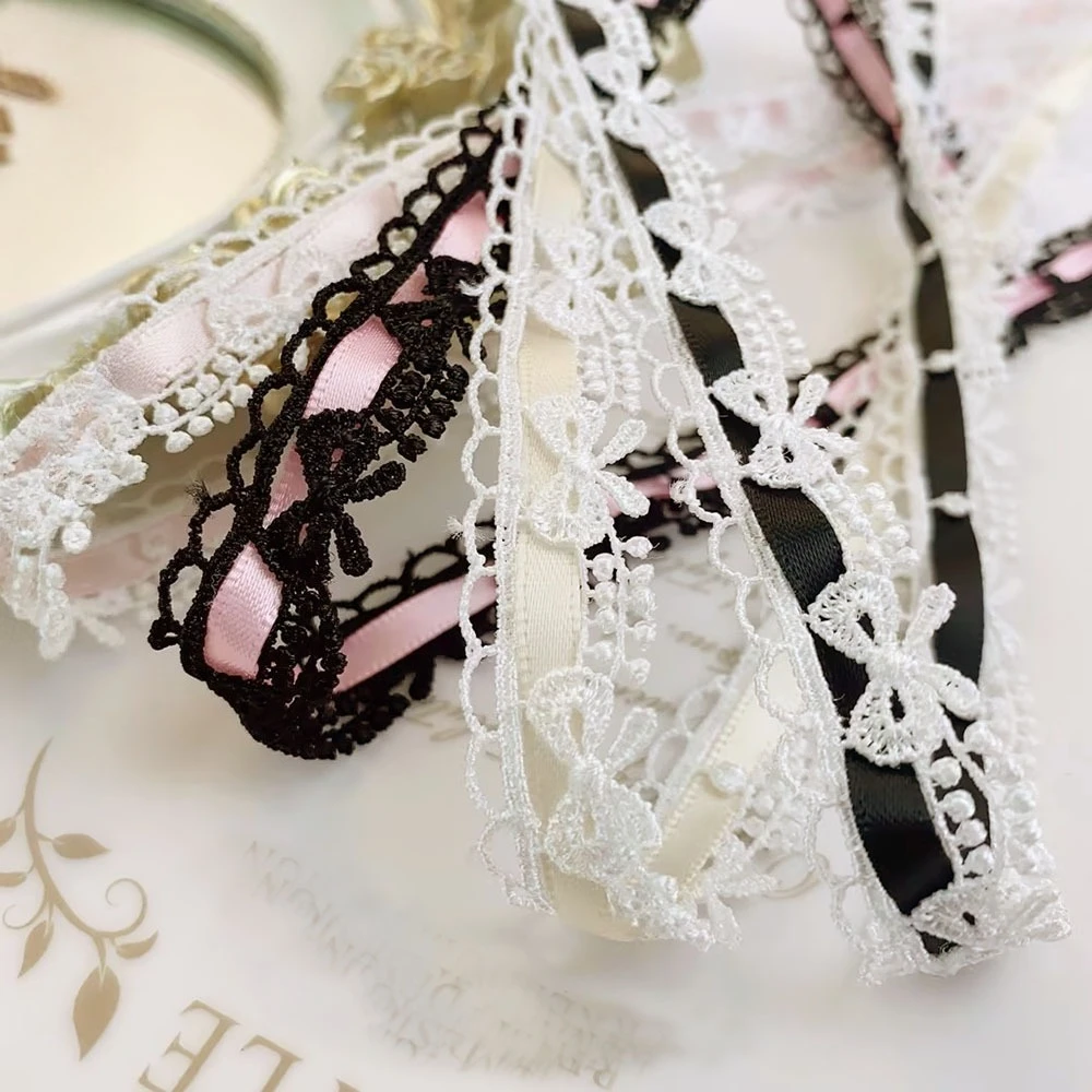 Pink & White Flower Bow Ribbon - 1.8cm Wide Lace Trim for Crafts & Decoration, 1 Yard