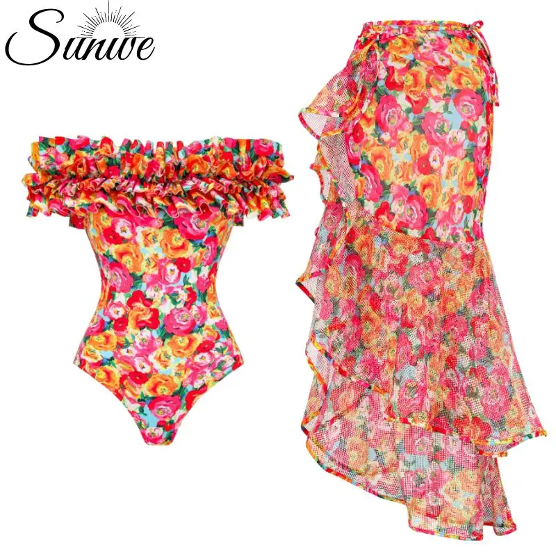 

2024 Women's swimsuit Vintage Off Shoulder Printed Onepiece bikini set Swimsuit Sarong Summer Swimwear Beachwear Bathing suit
