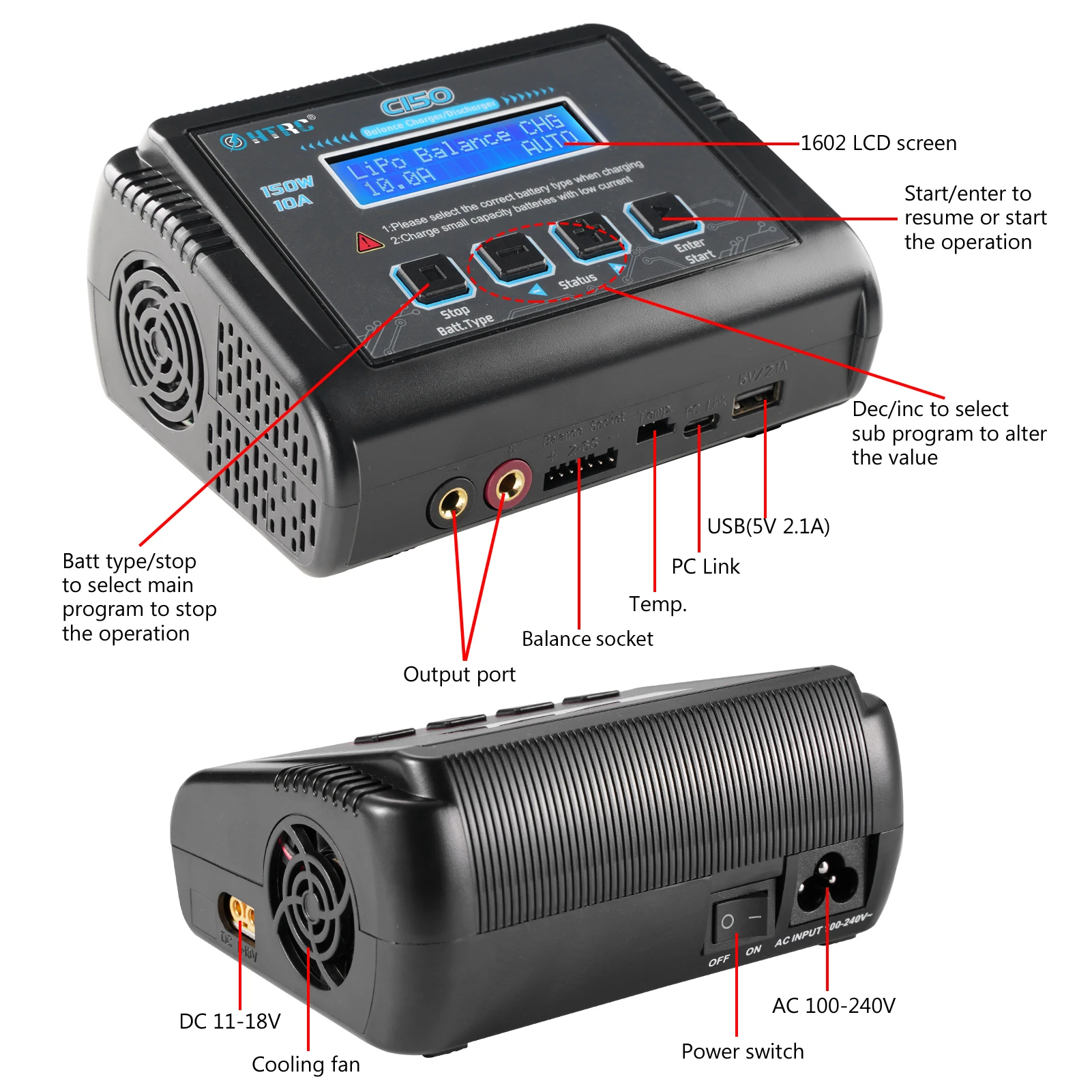 HTRC C150 RC Charger Balancer AC/DC 150W 10A Battery Discharger for LiPo LiHV LiFe Lilon NiCd NiMh Pb Batteri+8 in 1 Cables