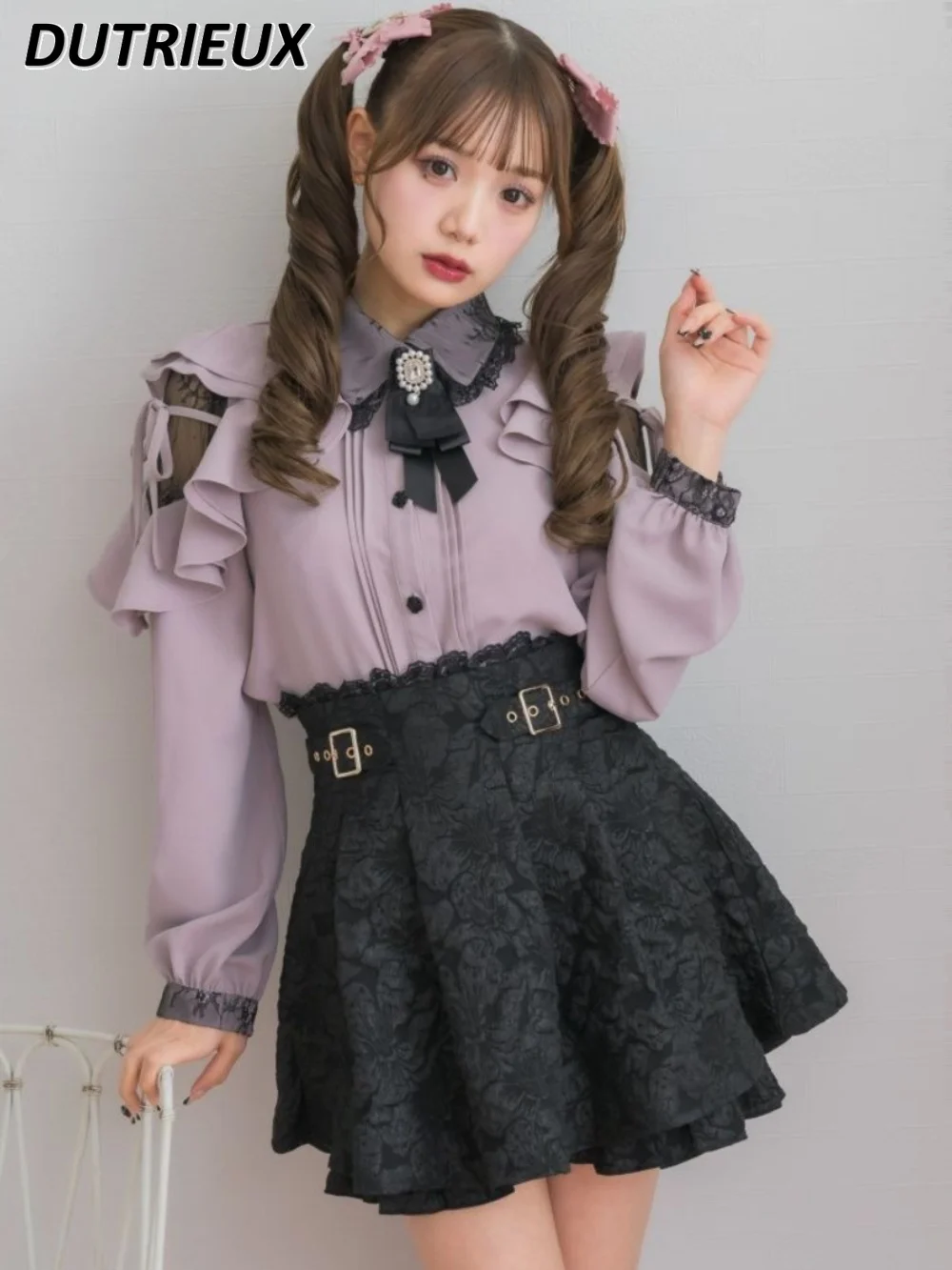 Japanese Style Lolita Kawaii Girls Short Pleated Skirt Women's White Pattern Everyday Soft Fashion Comfortable Sweet Skirts houzhou white shirt teen autumn soft girls japanese preppy style kawaii jk uniform harajuku long sleeve blouse lolita women