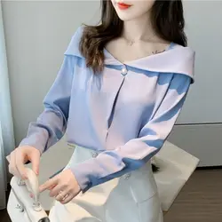 Sweet Solid Color Button Slash Neck Blouse Women's Clothing 2022 Autumn New Loose Casual Pullovers All-match Office Lady Shirt