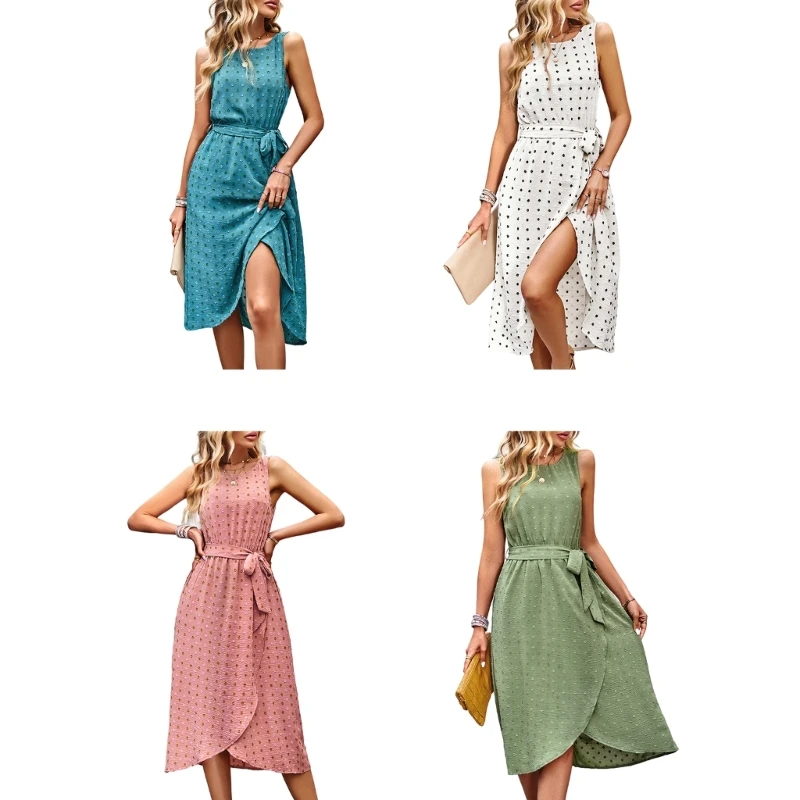 

Women Sleeveless Swiss-Dot Round Neck Split Front Midi Dress with Belt Pockets Y1QD