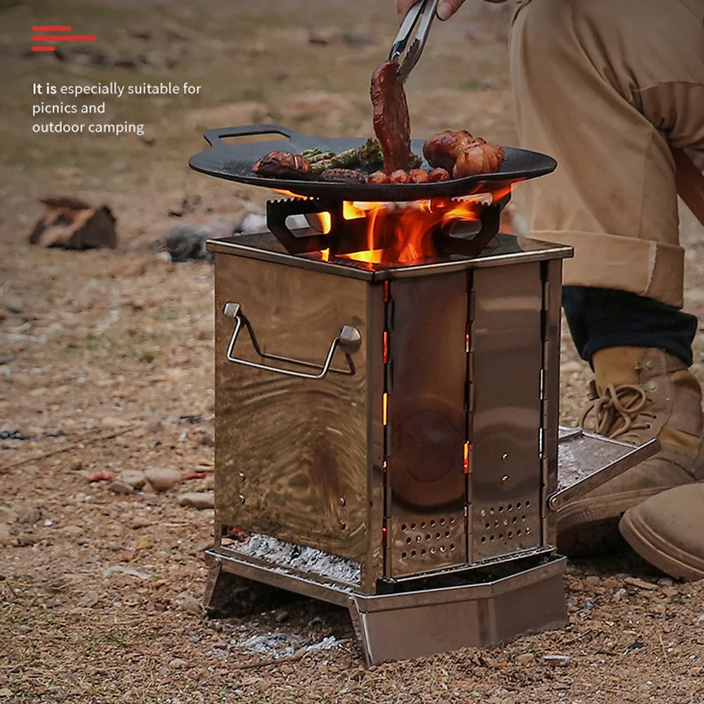 Mini Outdoor Firewood Stove Portable Camping Picnic BBQ Travel Folding  Stainless Steel Wood Stove Charcoal Cooking Grill - AliExpress