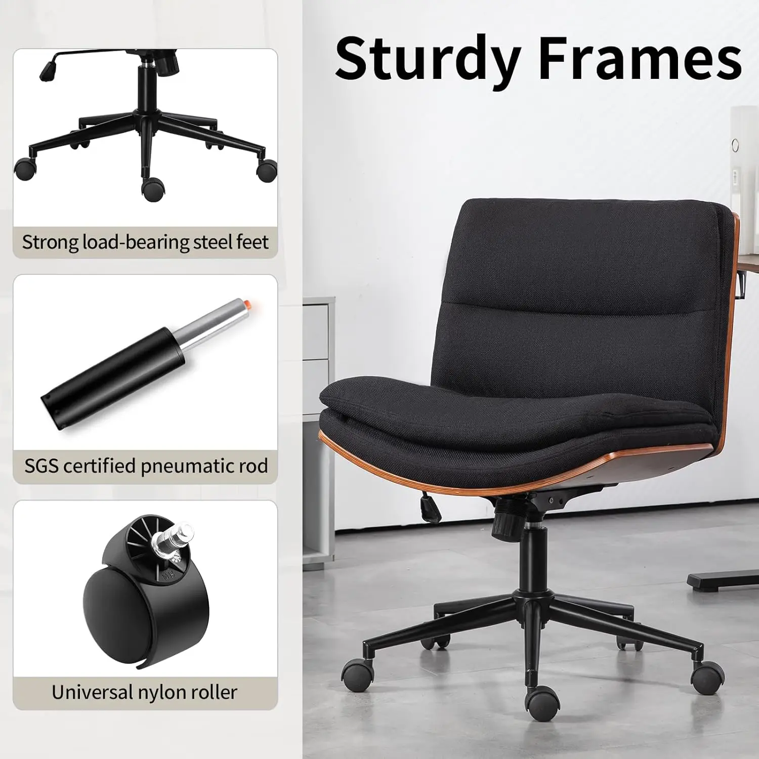 Armless Modern Walnut Office Desk Chair with Wheels, Adjustable Wide Swivel Task Chair, Ergonomic Cross Legged Fabric Chair for 4