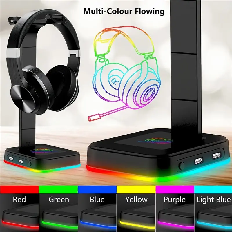 RGB 색상 변경 LED 게이밍 헤드셋 스탠드, 키보드 마우스 휴대폰 충전을 위한 듀얼 USB 포트가 있는 속도 조절 가능