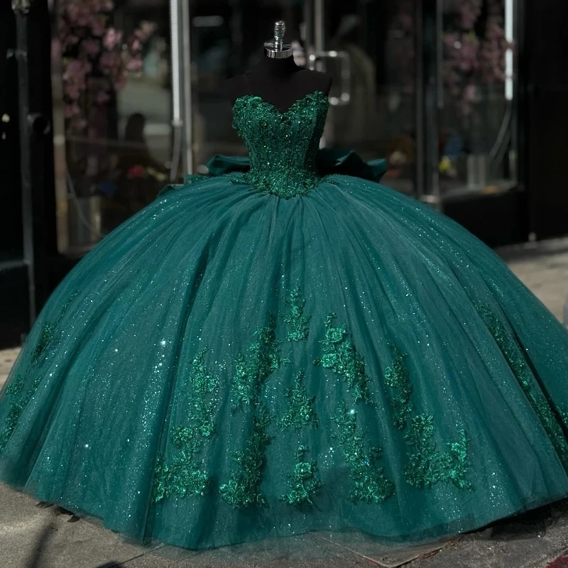 

Emerald Green Appliques Lace Tull Ball Gown Quinceanerea Dress Off The Shoulder Glitter Crystal Corset Vestidos 15 De XV Años