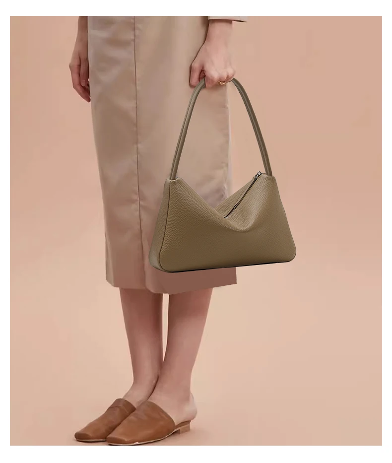 Neue Elefantengraue Kuhleder-Unterarmtasche für Damen, genarbtes Leder, Einzelriemen, Reißverschluss, tägliche Schulterhandtasche – Detail 2