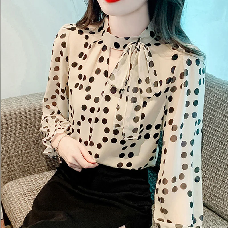 

Spring Summer Fashion Polka Dot Printing Long Sleeve Blouse Women High Street Casual Bow Lacing French Style All-match Pullovers