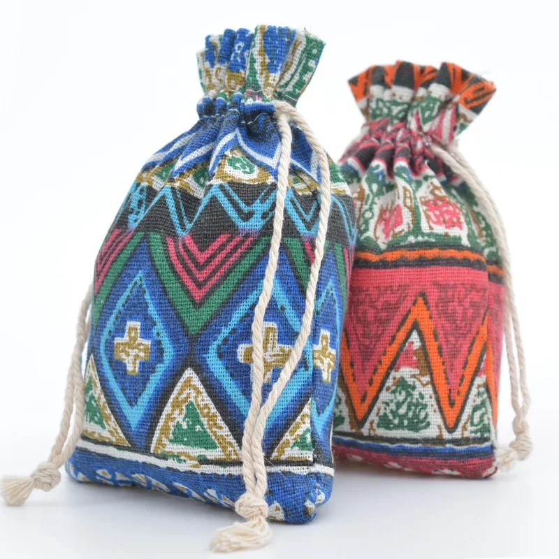 20 개/몫 10x14 13x18cm 빈티지 민족 스타일 Drawstring 파우치 포장 선물 사탕 저장 가방 여성 인쇄 보석 크리스마스 가방