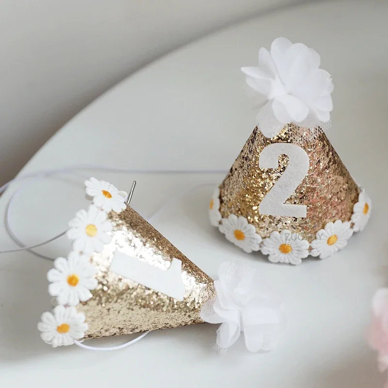 Ins Kids Birthday Party Hat 1 2 3 Baby Shower Decor Daisy Theme Birthday Headwear Glittler Hats For Baby Girl Pets Cap