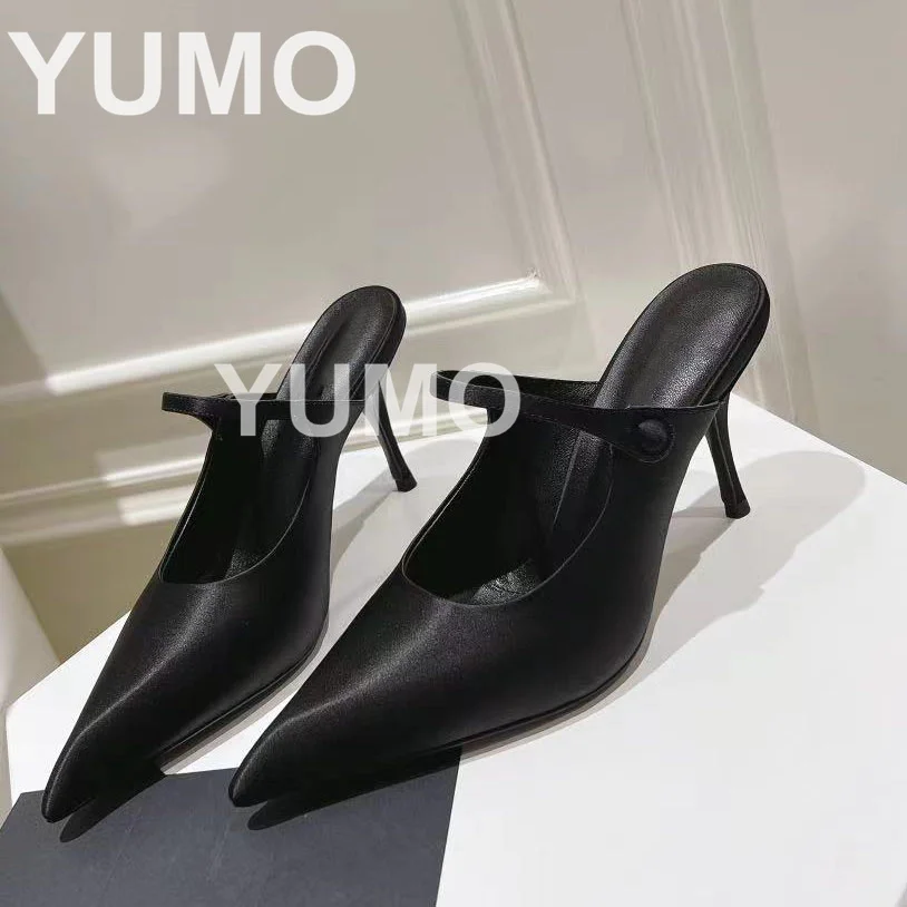 

2024 Pointy Toe Silk Satin Shallow Slip On Sandals Size 42 Sqaure Buckle Thin High Heels Runway Solid Dress Party Concise Pumps