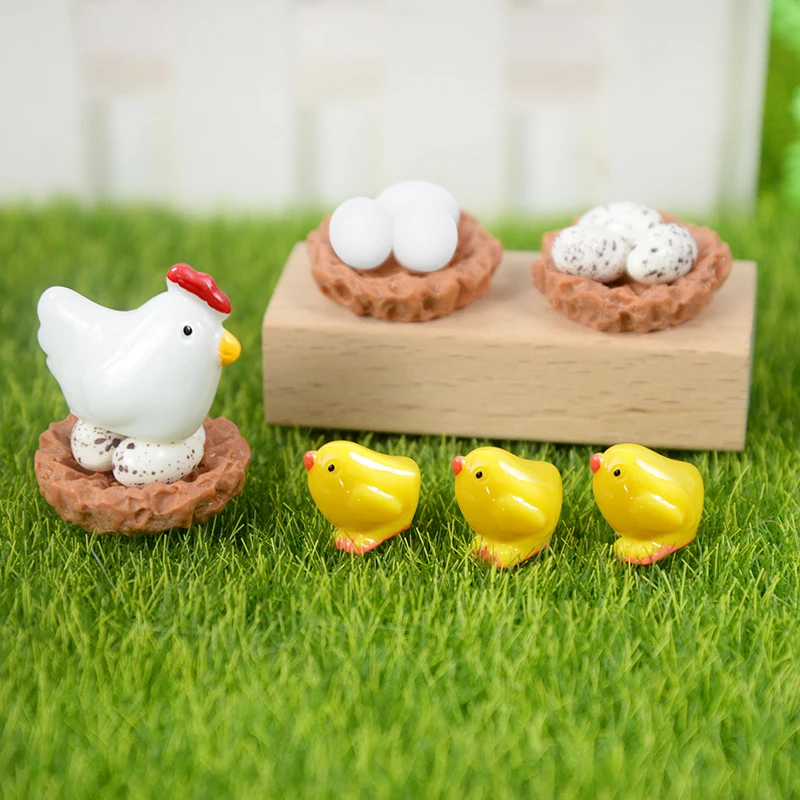 10pcs Cute Hen Chicken Chick Egg Figurines Miniature Ornaments Fairy Garden Resin Craft Micro Landscape Accessories Easter Decor