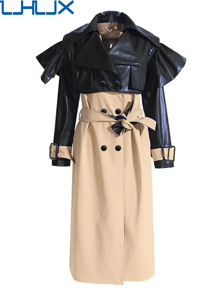 

LJHLJX Colorblock Casual Patchwork Lace Up Trenches For Women Lapel Long Sleeve Spliced Double Breasted Chic Trench Female