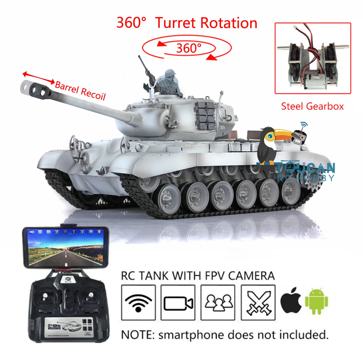 Henglong FPV 1/16 M26 RTR Radio Contol Tank 3838 With 360°Turret Rotation Upgrade Parts Gearbox Barrel Recoil 7.0 Version 4