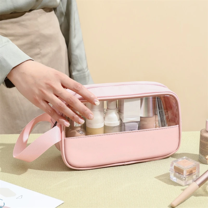 PU Splice Makeup Bag PVC Transparent Waterproof Wash Bag Travel Portable Handbag Large Capacity Bathroom Storage for Storage Bag Makeup Organizer Cosmetic Bag Cosmetic Storage Bag Toiletry Bag Makeup Bag Cosmetic Case