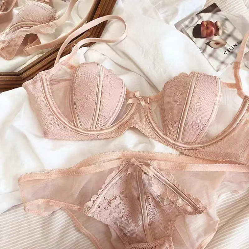 

Female Sexy Red Underwear Set High End Thin Gathering Fashion Europe & America Summer Women's Pink Bra Suit Half Cup Lingerie