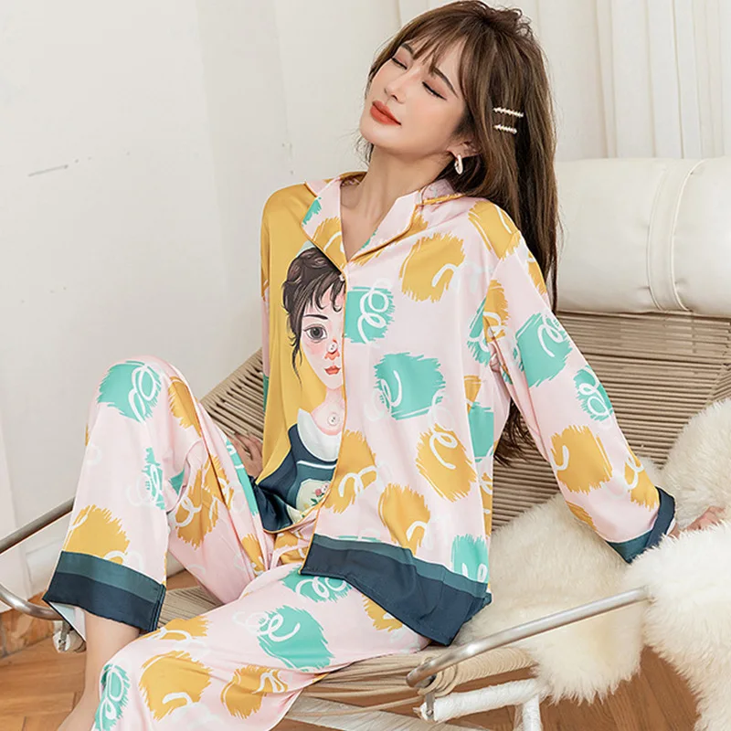 

Women Pajamas Suit Top&Pants Print Pyjamas Set Homewear 2PCS Nightwear Sleepwear Loose Intimate Lingerie Lepel Home Clothes