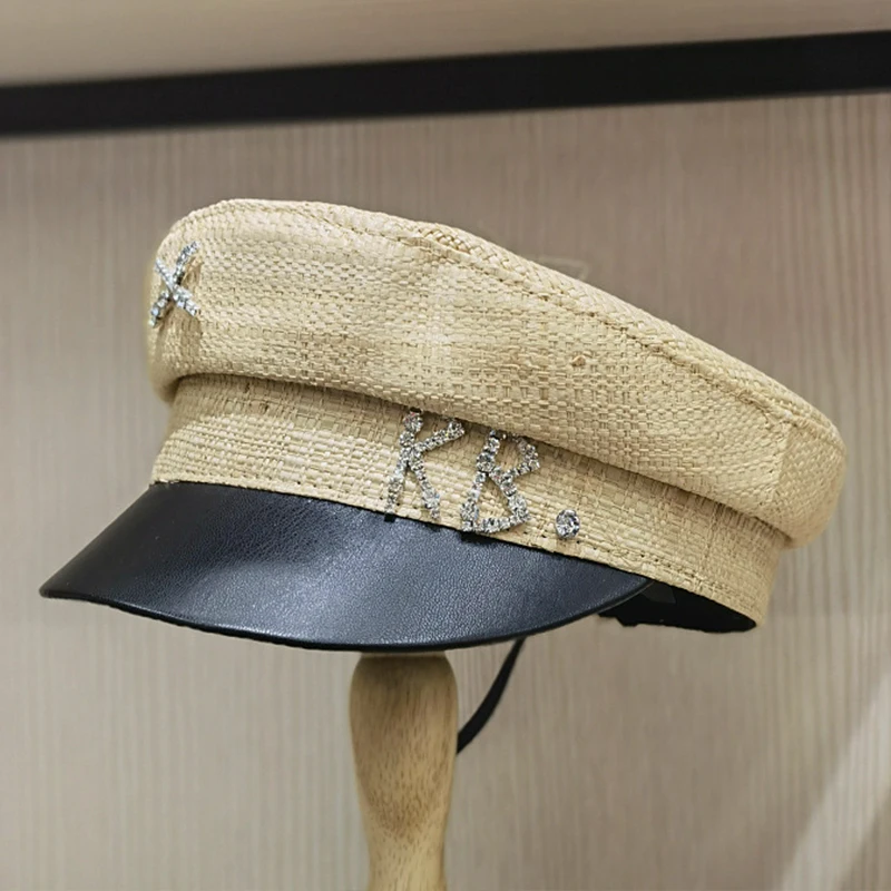 Women Hats women hats women military hat Straw Cap Fiddler Hats Flat Military Style Hats PU Leather Brim Sun Hat Fashion Summer Derby Cap Young Girl Newsboy