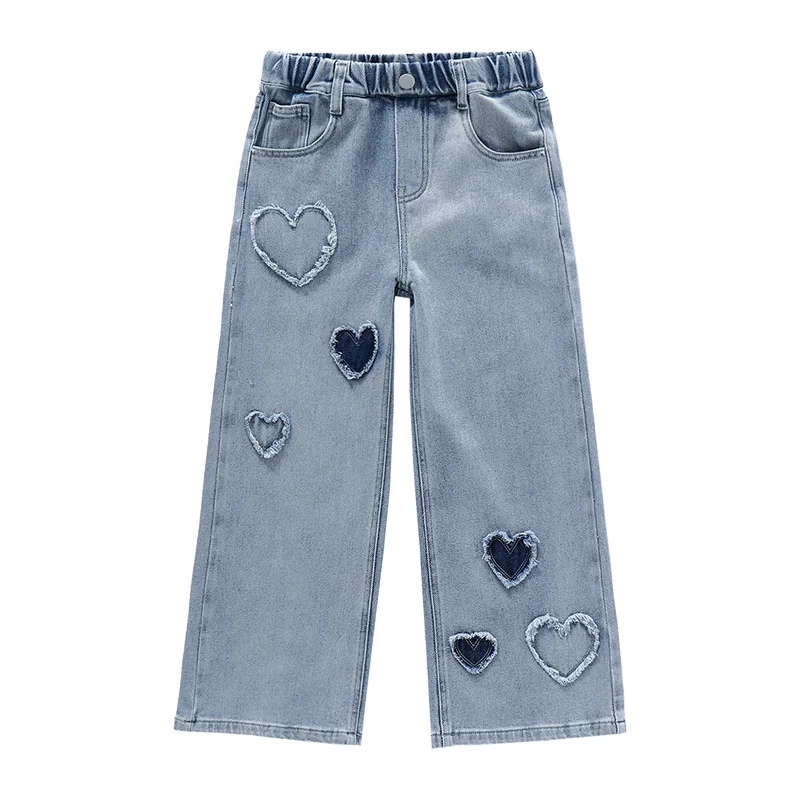 2023 New Girls Jeans Pants Size 12 Girls Wide-Leg Jean Pants Heart-shaped  patch Kids denim trousers Fashion Children's pantalone