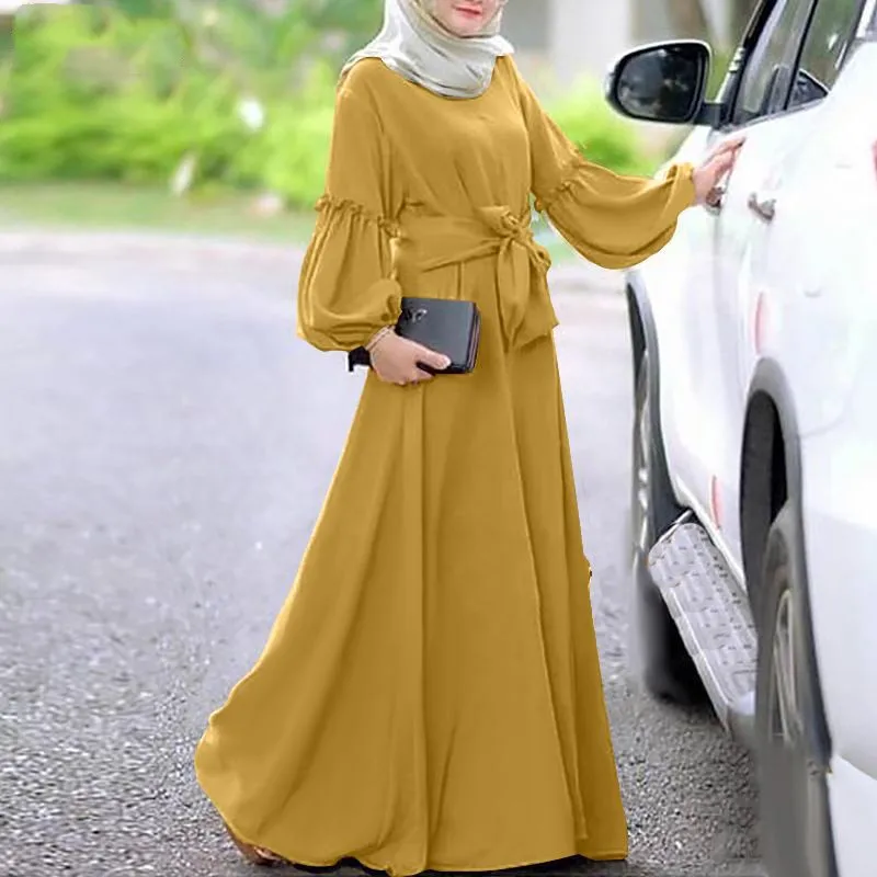 Autumn Fashion Ladies Muslim Robe Abaya Solid Color Chiffon Long Sleeves Closed Pleated Ruffled Sashes Long Dress Islamic Kaftan