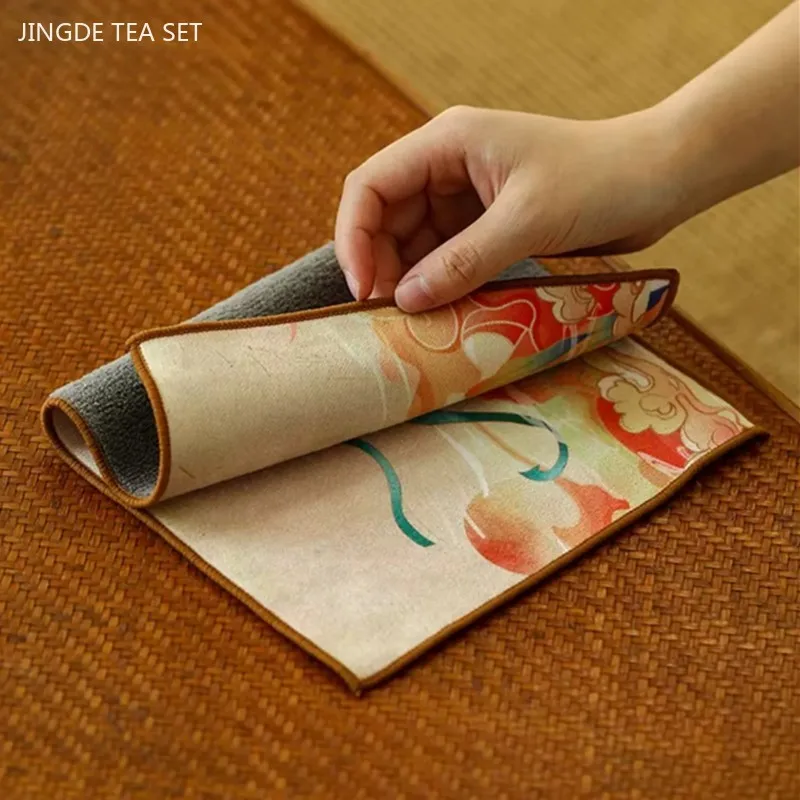 Chinese Painted Thicken Tea Towel Super Absorbent Rag Table Cleaning Tea Cloth Mats Bowl Teapot Tea Napkin Home Desktop Decor