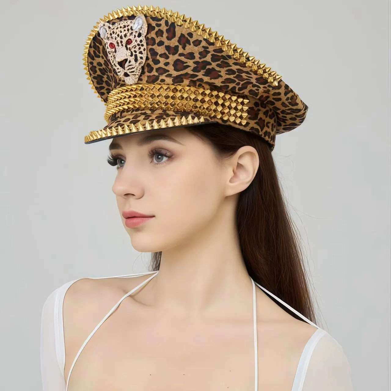 Polyester Rhinestone Hat Leopard Print Handmade Festival Captain Hat Military Cap Masquerade Party Men Women
