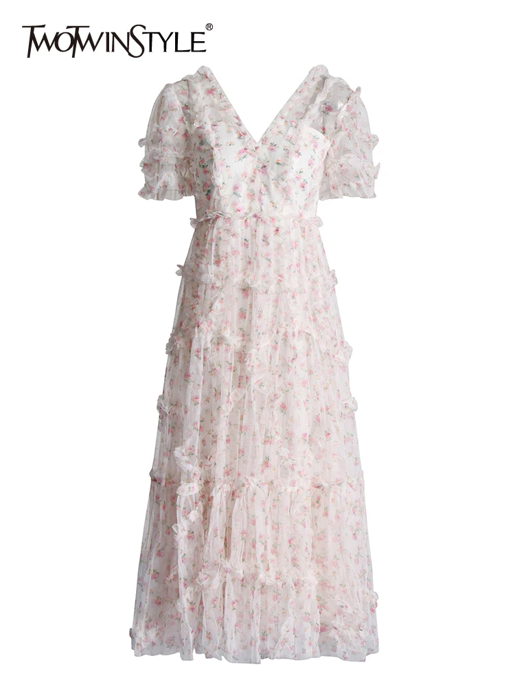 

Женское Сетчатое платье TWOTWINSTYLE, белое элегантное платье с принтом, V-образным вырезом, коротким рукавом и высокой талией на лето 2019