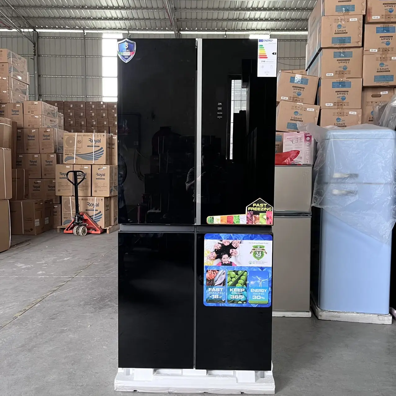 631L Black Tempered Glass Cross 4 Door Fridge Inverter Air Cooled Auto Defrost Refrigerator with Fresh Zone for Home Large 1