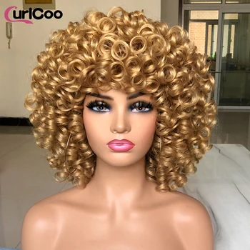 Short Hair Afro Curly Wig Natural Blonde Wigs with Bangs Fluffy Synthetic Ombre Cosplay Lolita Wigs For Black Women