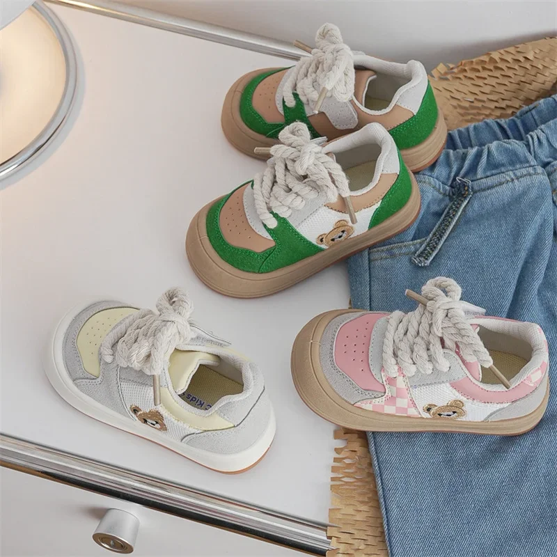 어린이용 캔버스 신발, 여아용 귀여운 곰 패치워크, 로우탑 캔버스 신발, 레트로 소프트 솔, 캐주얼 신발, 사이즈 22-31