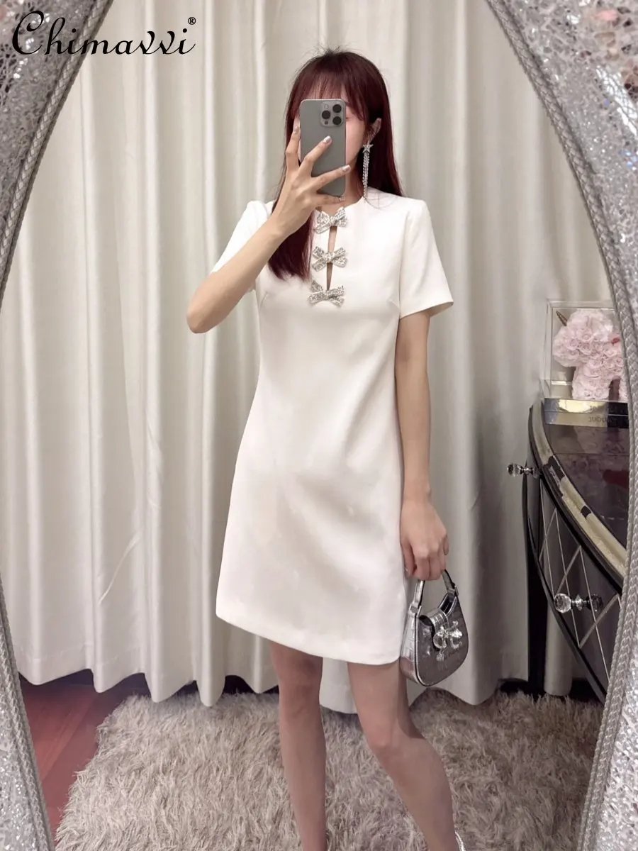 

Summer High-end Fashion OL Elegant Creamy-white Short Sleeve Dress Round Neck Slimming Girly Style Short Party Dresses Women