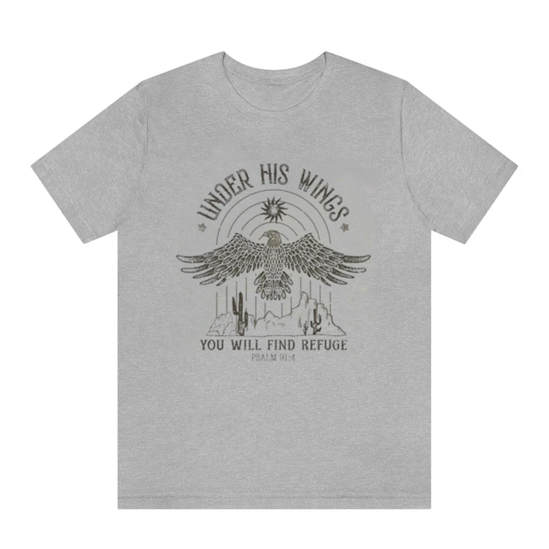 Gray women's Christian t shirt with eagle, Bible verse "Under His Wings," vintage boho design.