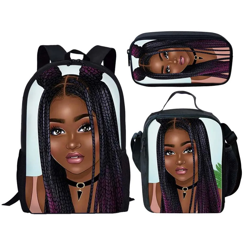 Popular Youthful Trendy African Girls 3D Print 3pcs/Set Student Travel bags Laptop Daypack Backpack Lunch Bag Pencil Case